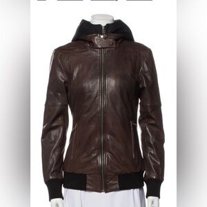EUC Soia & Kyo lambskin bomber jacket with removable hood and insert